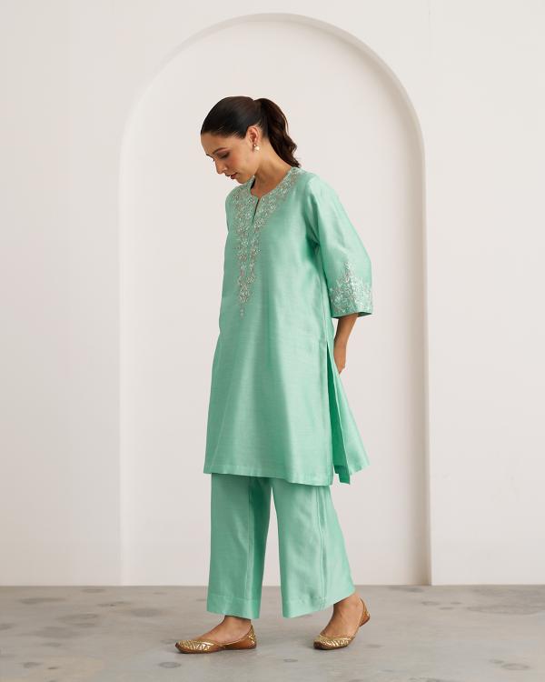 Aqua Blue Silk Chanderi Set with Handwork