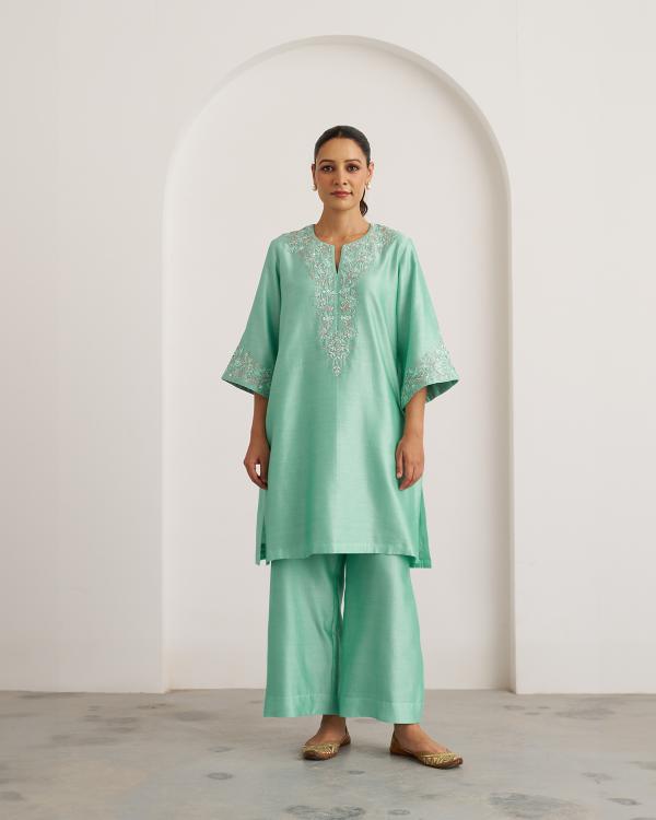 Aqua Blue Silk Chanderi Set with Handwork