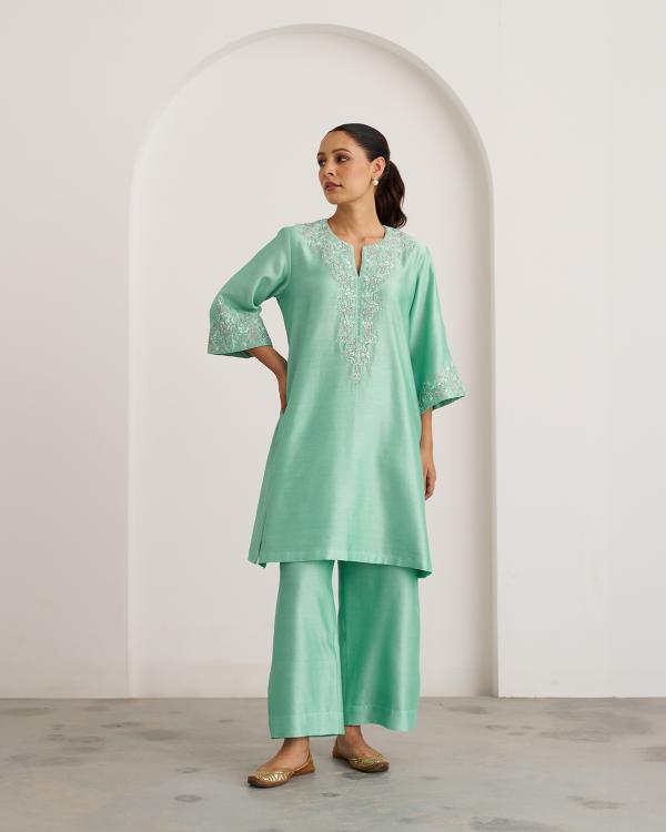 Aqua Blue Silk Chanderi Set with Handwork