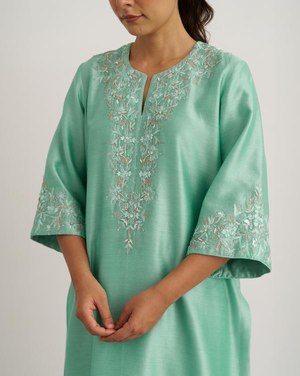 Aqua Blue Silk Chanderi Set with Handwork