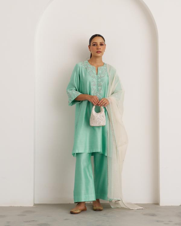 Aqua Blue Silk Chanderi Set with Handwork