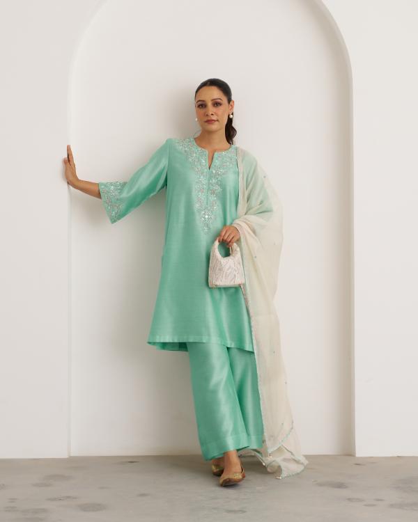 Aqua Blue Silk Chanderi Set with Handwork
