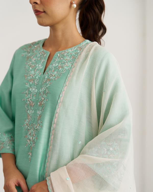 Aqua Blue Silk Chanderi Set with Handwork