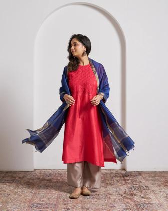 Navy Blue Silk Chanderi Dupatta With Handmade Tassels