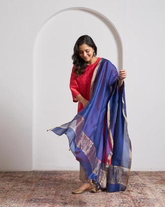 Navy Blue Silk Chanderi Dupatta With Handmade Tassels