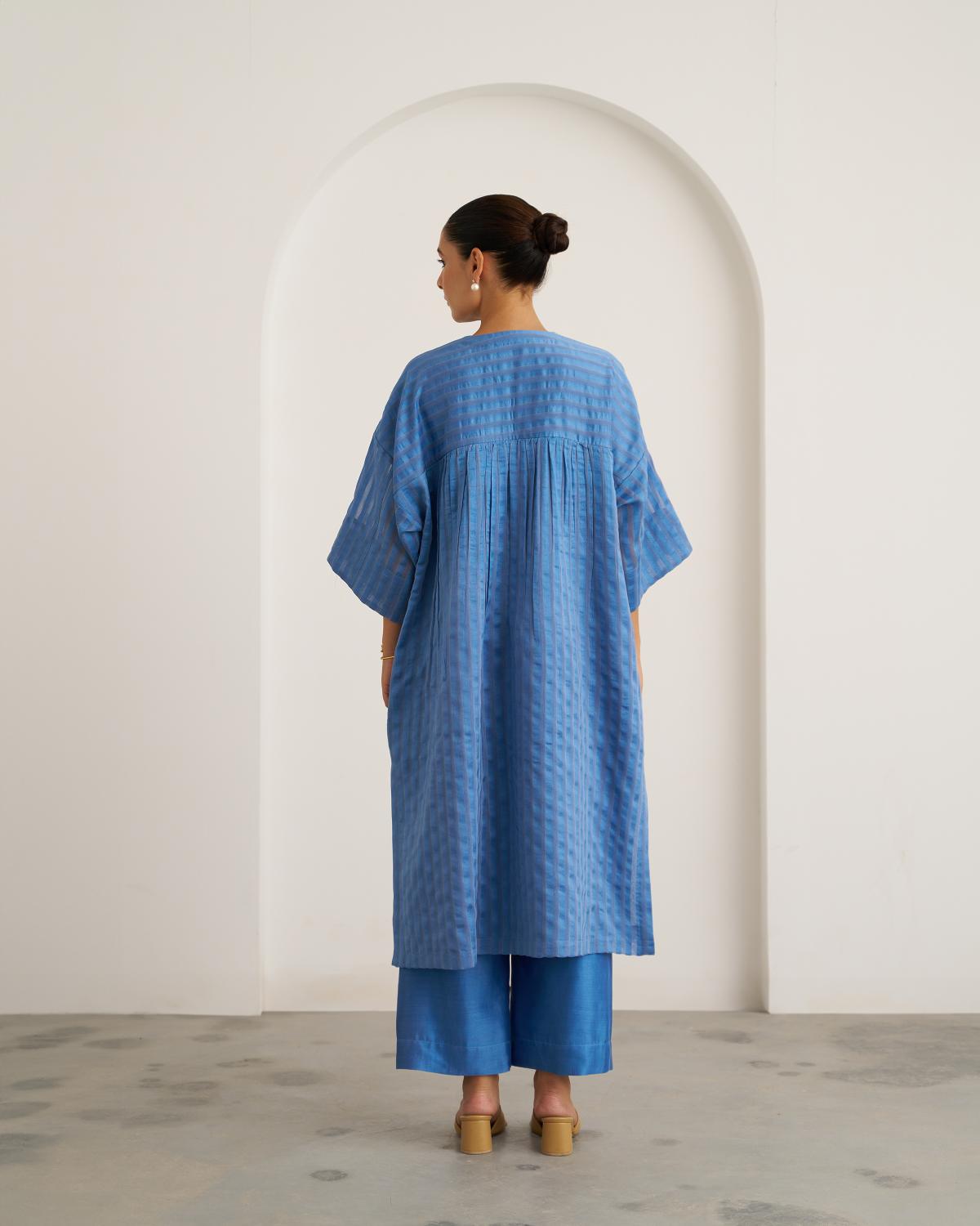 The Ocean Blue Silk Chanderi Kaftan Set with Handwork