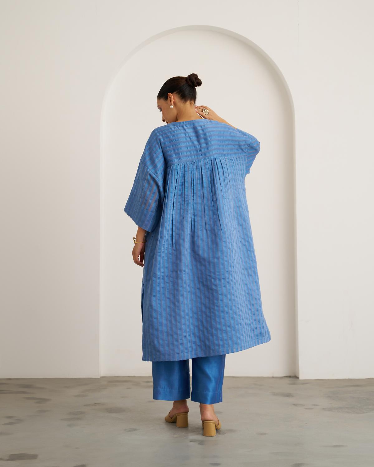 The Ocean Blue Silk Chanderi Kaftan Set with Handwork