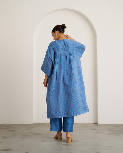 The Ocean Blue Silk Chanderi Kaftan Set with Handwork