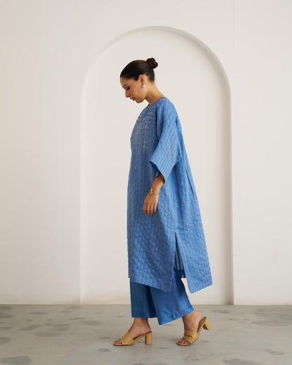 The Ocean Blue Silk Chanderi Kaftan Set with Handwork
