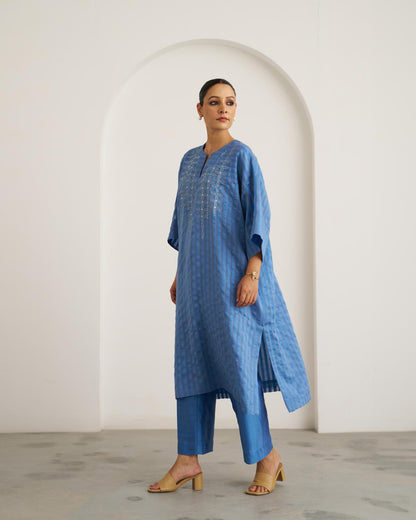 The Ocean Blue Silk Chanderi Kaftan Set with Handwork