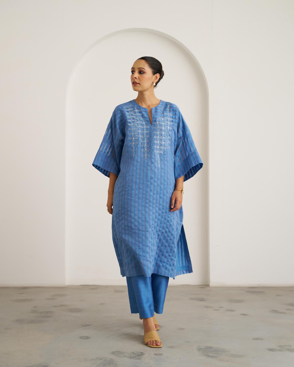 The Ocean Blue Silk Chanderi Kaftan Set with Handwork