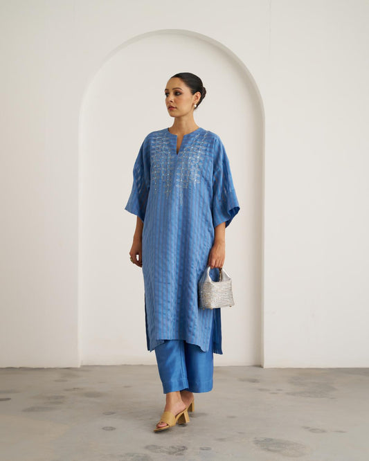 The Ocean Blue Silk Chanderi Kaftan Set with Handwork