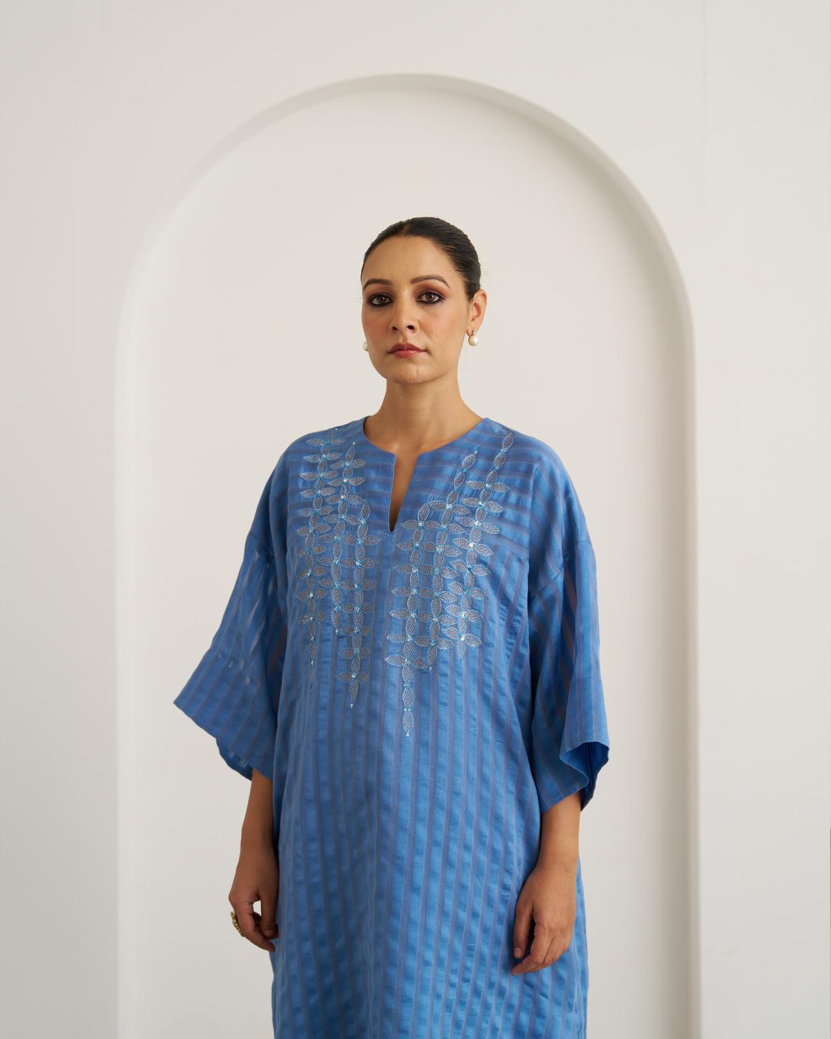 The Ocean Blue Silk Chanderi Kaftan Set with Handwork