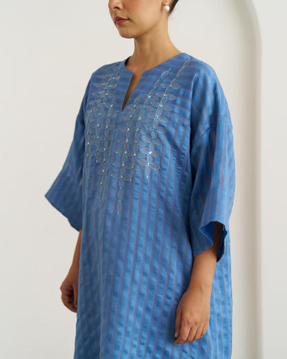The Ocean Blue Silk Chanderi Kaftan Set with Handwork