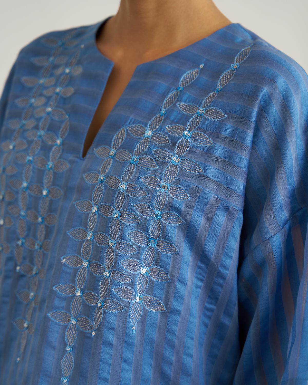 The Ocean Blue Silk Chanderi Kaftan Set with Handwork