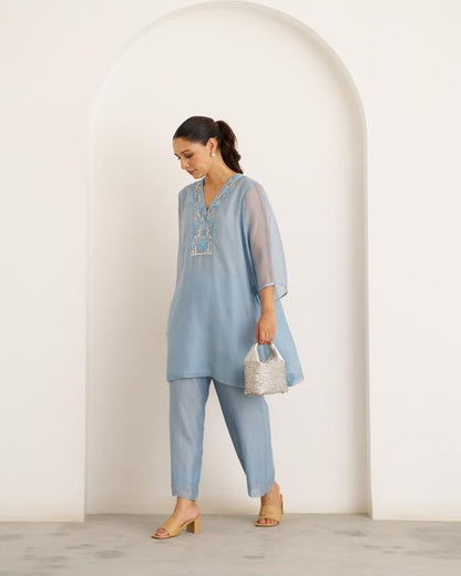 Powder Blue Mul Chanderi Set with Handwork