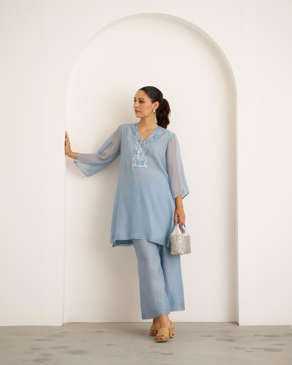 Powder Blue Mul Chanderi Set with Handwork