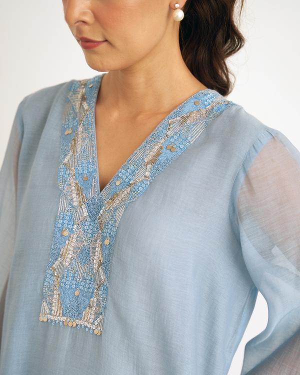 Powder Blue Mul Chanderi Set with Handwork