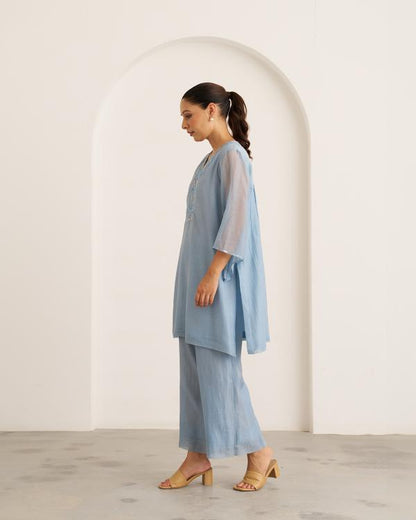 Powder Blue Mul Chanderi Set with Handwork