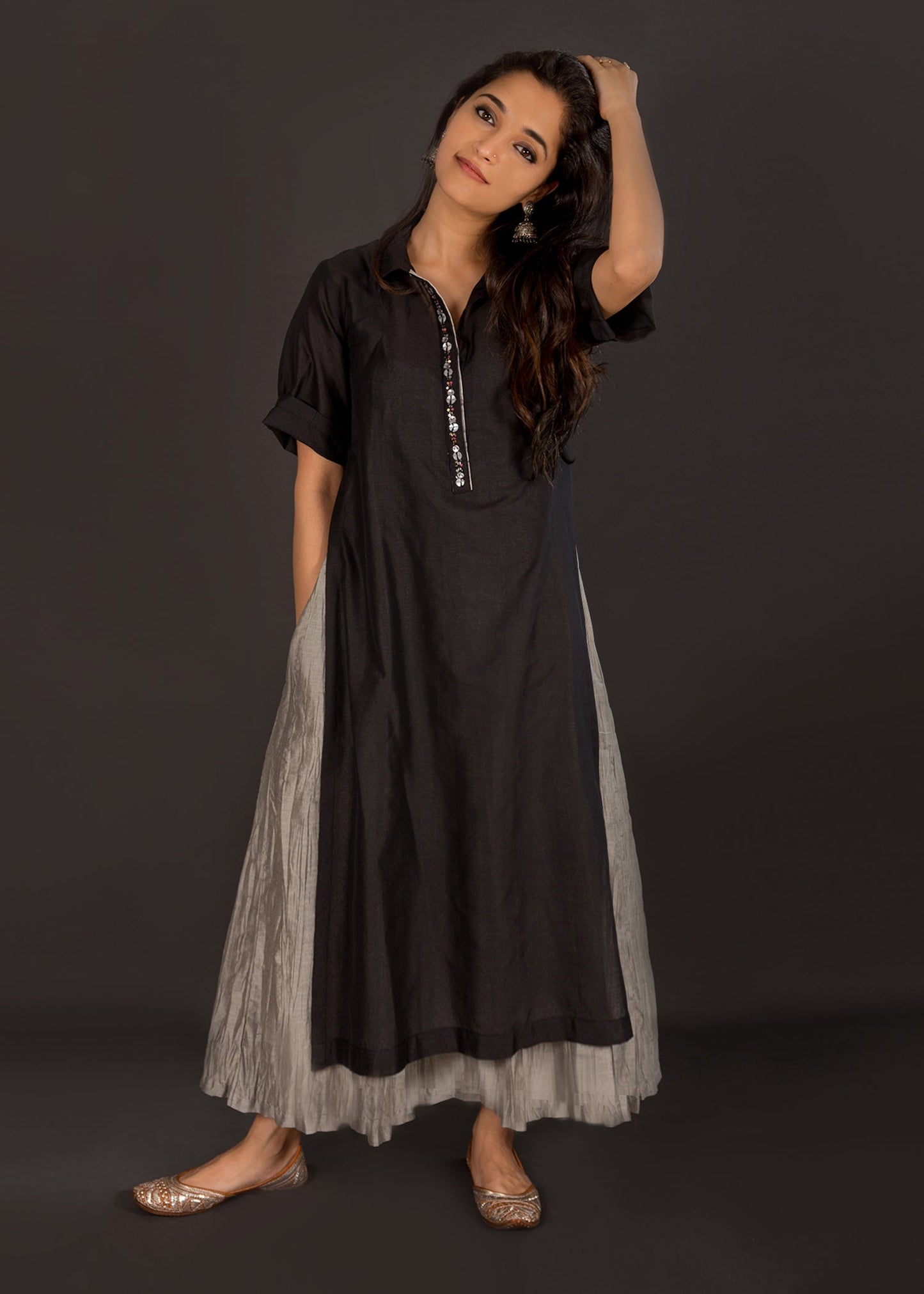 Black Silk Chanderi Kurta with Crushed Grey Silk Chanderi Kalidaar