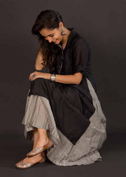 Black Silk Chanderi Kurta with Crushed Grey Silk Chanderi Kalidaar