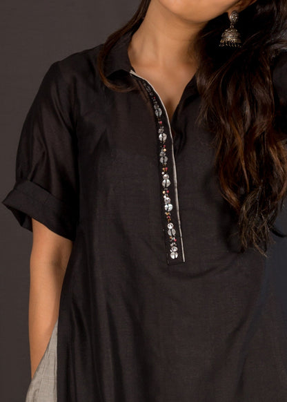 Black Silk Chanderi Kurta with Crushed Grey Silk Chanderi Kalidaar