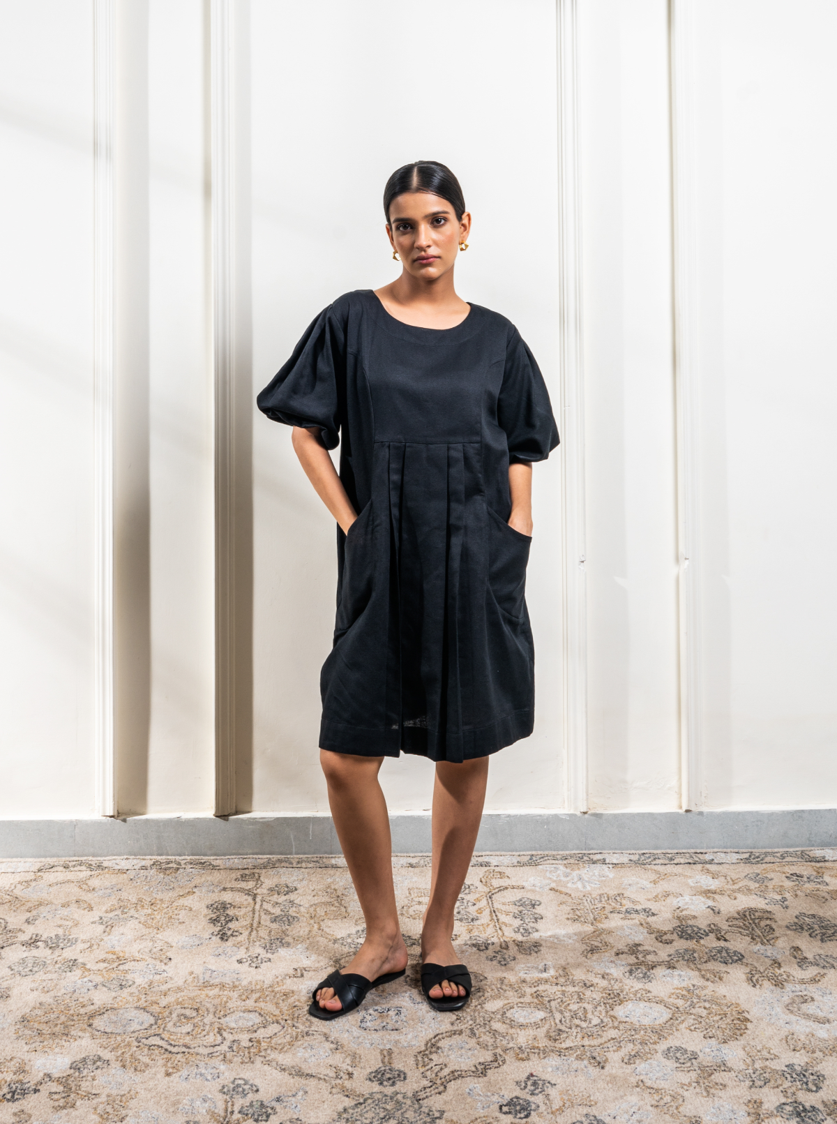 Black Cotton Balloon Sleeve Dress