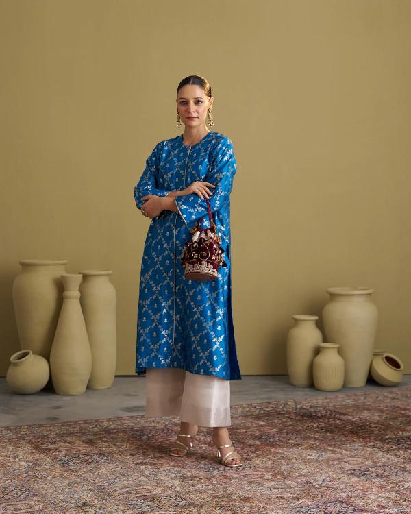 Feroza Blue Banarasi katan Silk Set