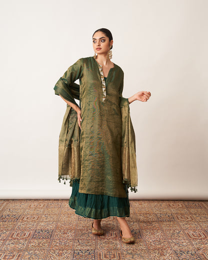 The Bottle Green Silk Tissue Chanderi Kalidaar Ensemble