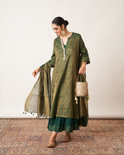 The Bottle Green Silk Tissue Chanderi Kalidaar Ensemble