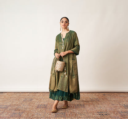 The Bottle Green Silk Tissue Chanderi Kalidaar Ensemble