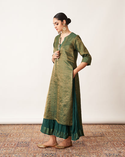 The Bottle Green Silk Tissue Chanderi Kalidaar Ensemble