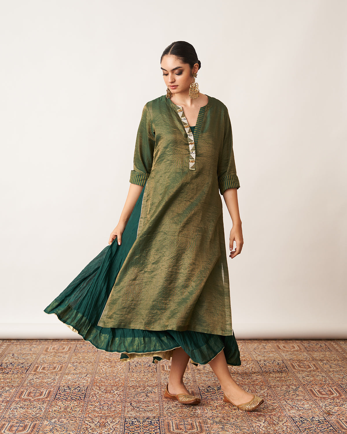 The Bottle Green Silk Tissue Chanderi Kalidaar Ensemble