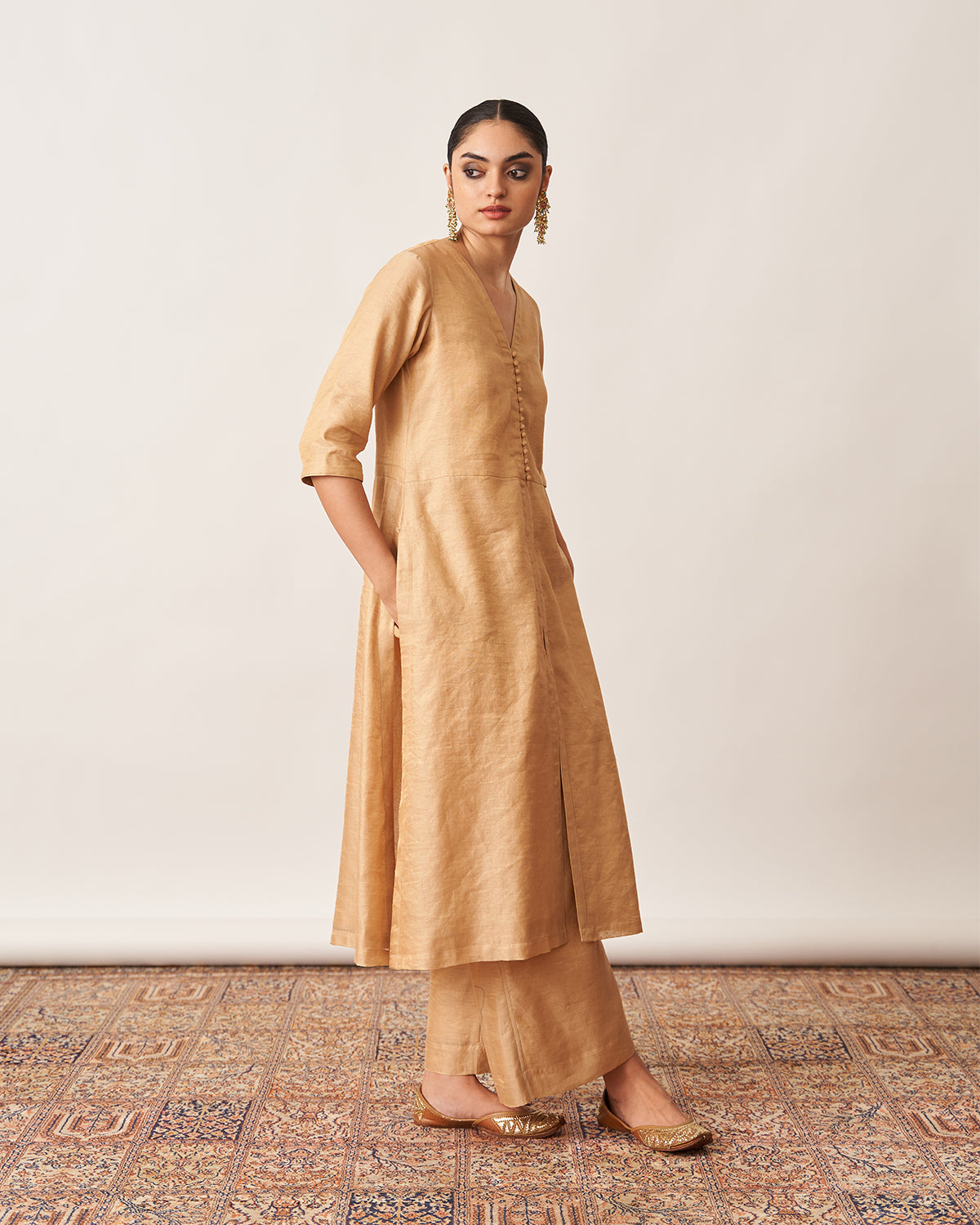 The Gold Beige Silk Tissue Chanderi Kurta & Pants Set