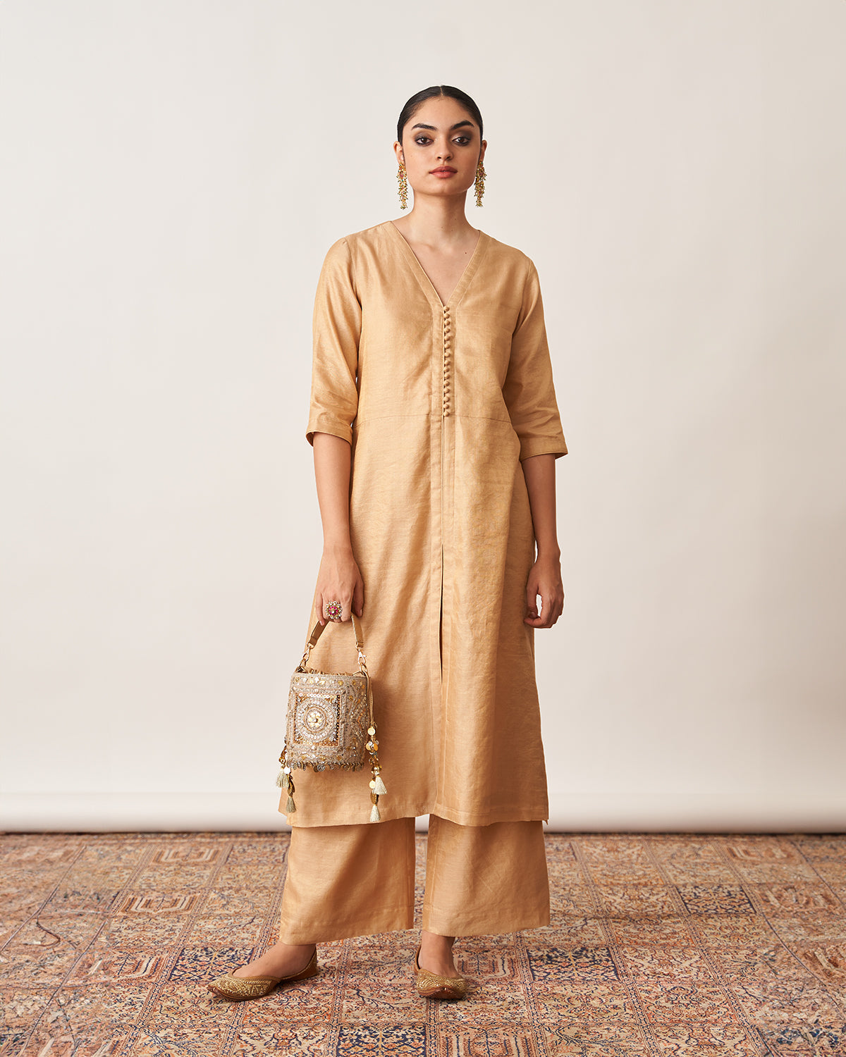 The Gold Beige Silk Tissue Chanderi Kurta & Pants Set