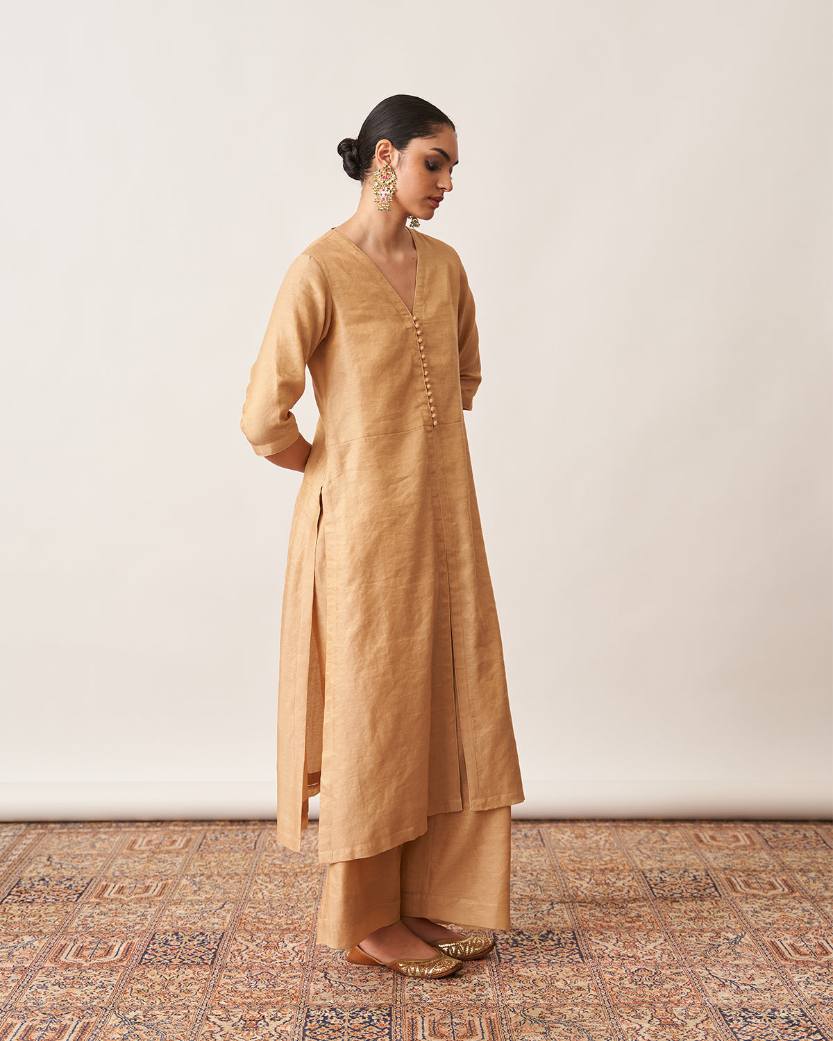 The Gold Beige Silk Tissue Chanderi Kurta & Pants Set