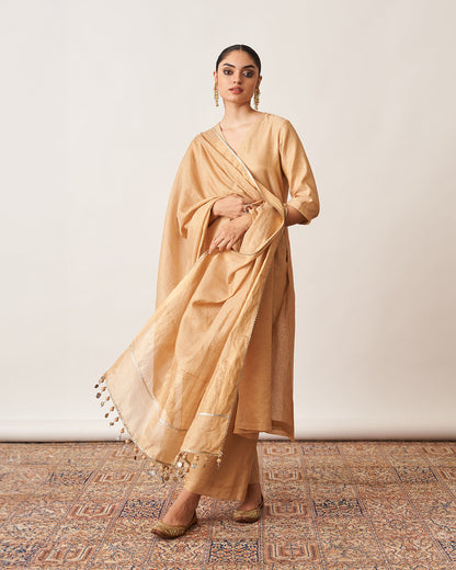 The Gold Beige Silk Tissue Chanderi Kurta & Pants Set