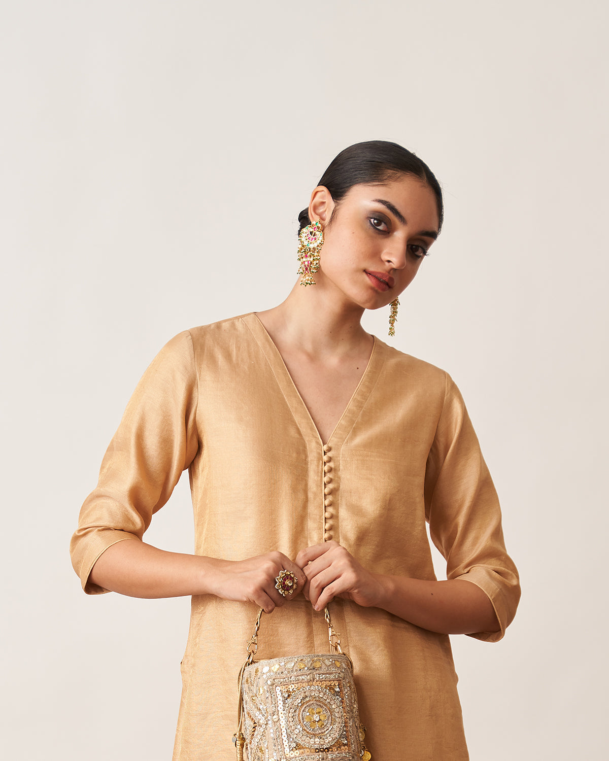 The Gold Beige Silk Tissue Chanderi Kurta & Pants Set