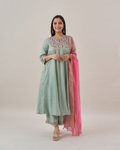 The Green Amethyst Silk Tissue Chanderi Ensemble with Gota Zari Handwork