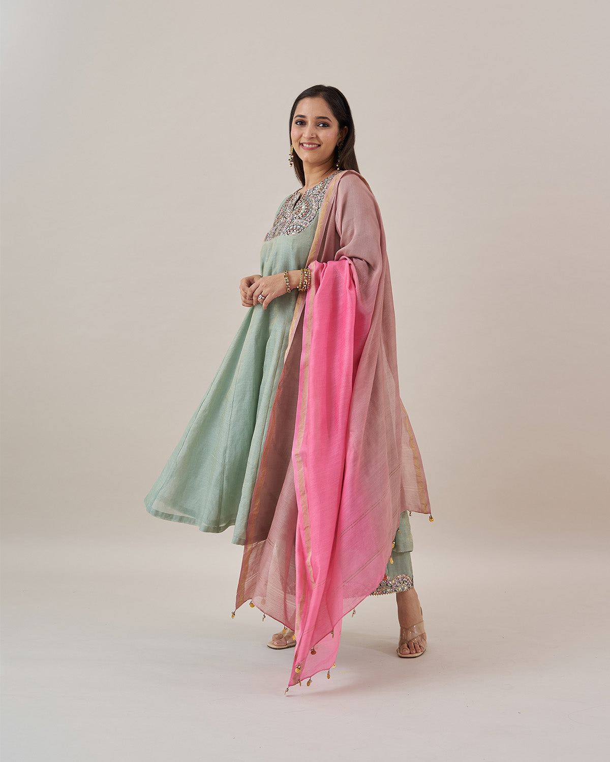 The Green Amethyst Silk Tissue Chanderi Ensemble with Gota Zari Handwork