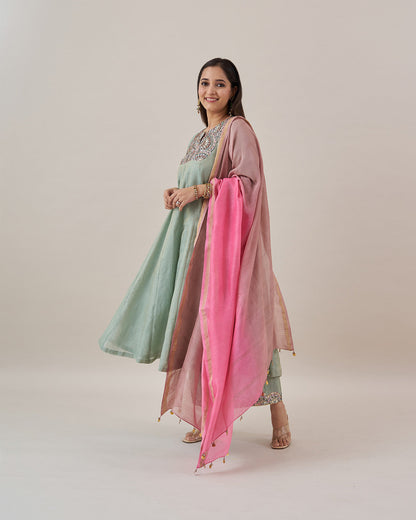 The Green Amethyst Silk Tissue Chanderi Ensemble with Gota Zari Handwork