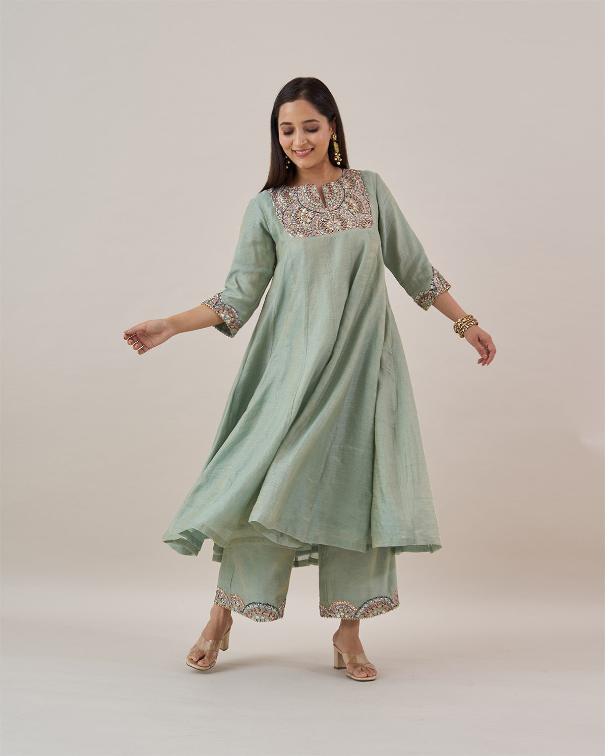 The Green Amethyst Silk Tissue Chanderi Ensemble with Gota Zari Handwork