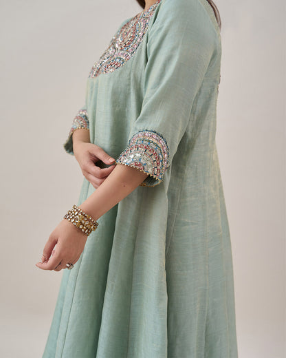 The Green Amethyst Silk Tissue Chanderi Ensemble with Gota Zari Handwork