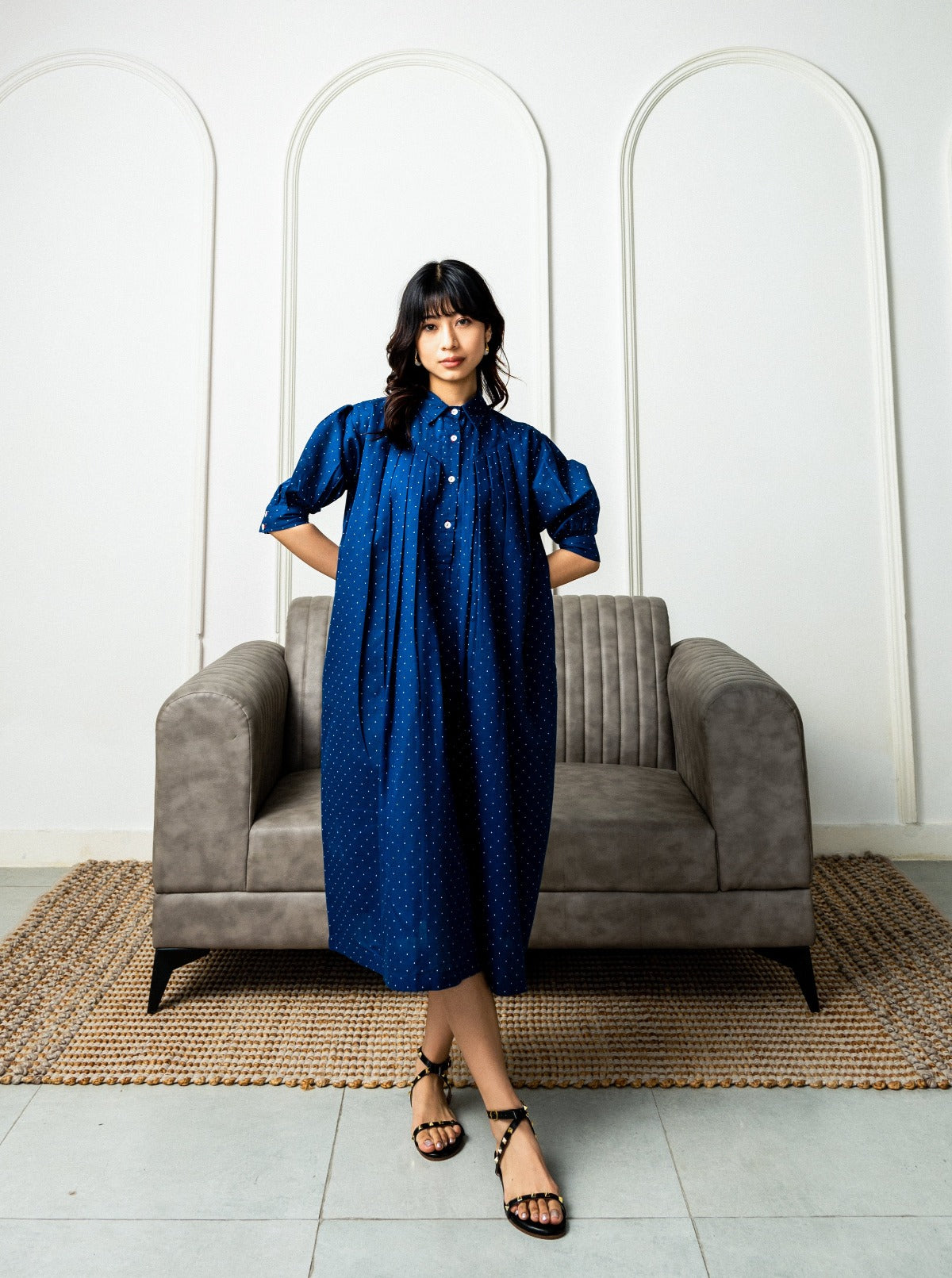 Nagare Navy Pleated Linen Dress