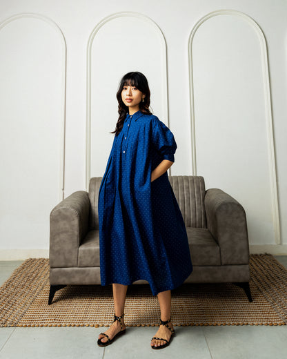 Nagare Navy Pleated Linen Dress