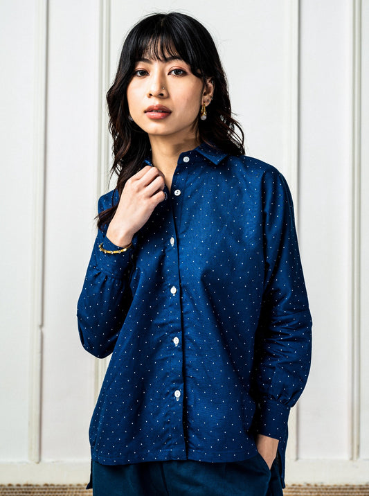 Navy Linen Dotted Daily Shirt