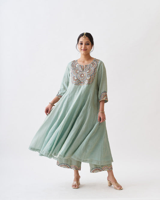 The Green Amethyst Silk Tissue Chanderi Ensemble with Gota Zari Handwork