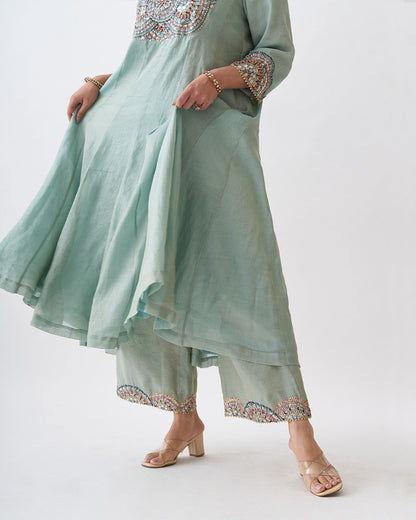 The Green Amethyst Silk Tissue Chanderi Ensemble with Gota Zari Handwork