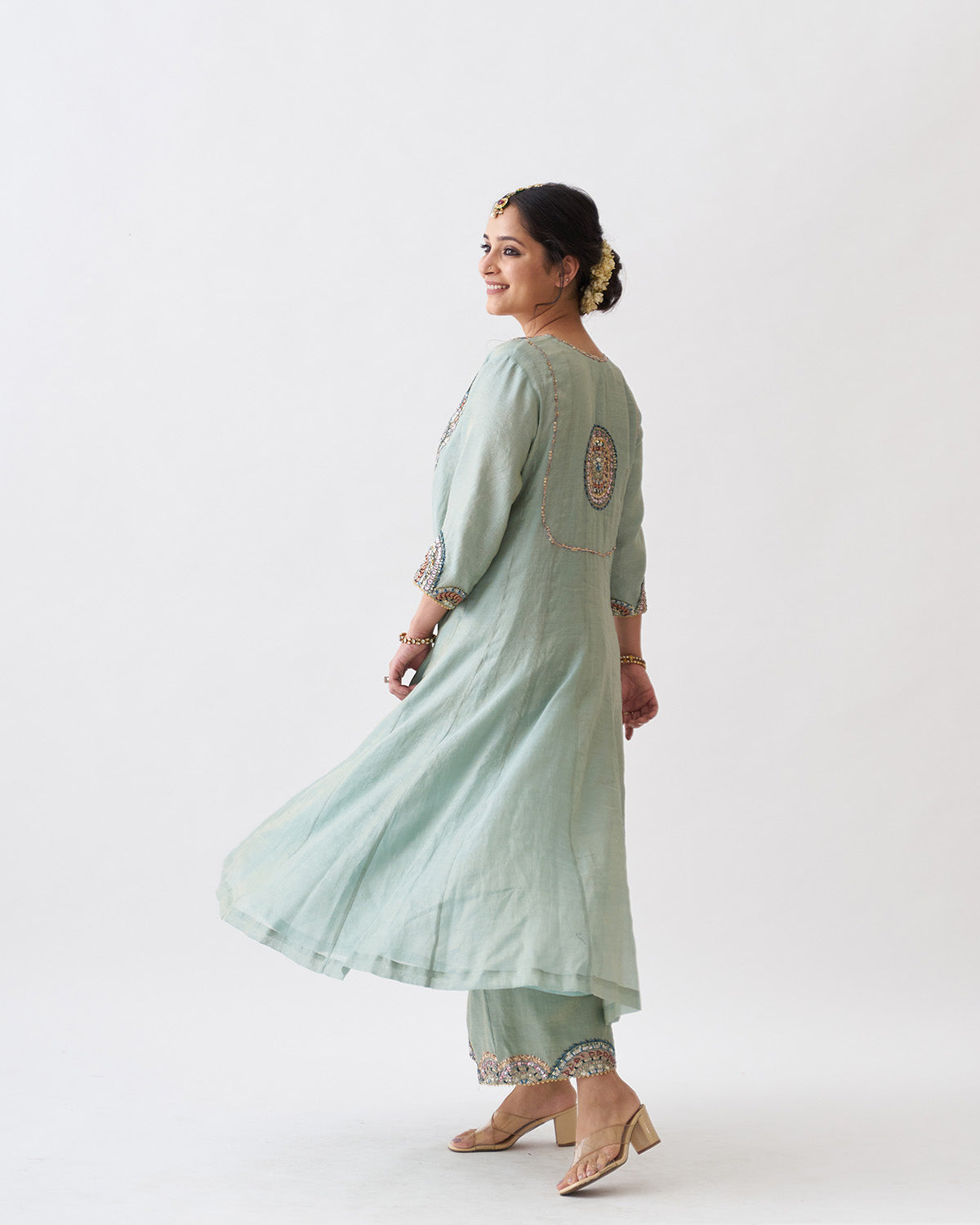 The Green Amethyst Silk Tissue Chanderi Ensemble with Gota Zari Handwork