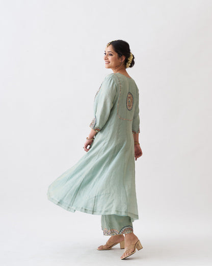 The Green Amethyst Silk Tissue Chanderi Ensemble with Gota Zari Handwork